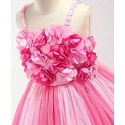 Babyhug Singlet Party Wear Frock with 3D Flowers At Yoke - Pink