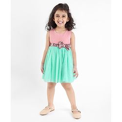 Babyhug Woven Sleeveless Textured Party Dress with Lace Yoke - Mint & Pink