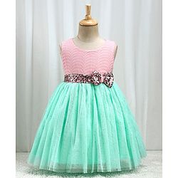 Babyhug Woven Sleeveless Textured Party Dress with Lace Yoke - Mint & Pink