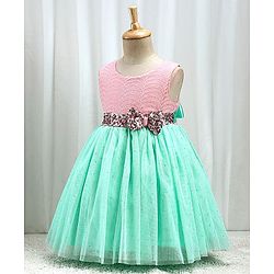 Babyhug Woven Sleeveless Textured Party Dress with Lace Yoke - Mint & Pink