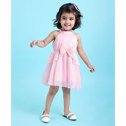 Babyhug Sleeveless Party Frock with Bow Applique - Pink