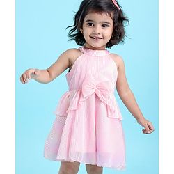 Babyhug Sleeveless Party Frock with Bow Applique - Pink