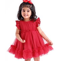 Babyhug Flutter Sleeves Party Frock with Mesh Detailing -Red