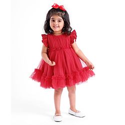 Babyhug Flutter Sleeves Party Frock with Mesh Detailing -Red