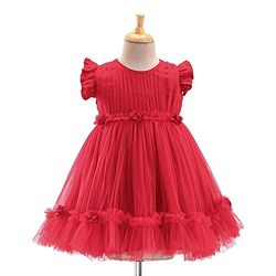 Babyhug Flutter Sleeves Party Frock with Mesh Detailing -Red