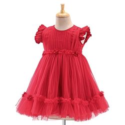 Babyhug Flutter Sleeves Party Frock with Mesh Detailing -Red