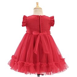 Babyhug Flutter Sleeves Party Frock with Mesh Detailing -Red