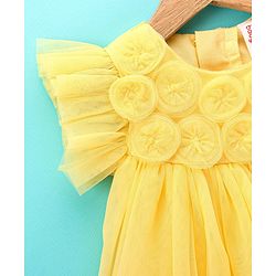 Babyhug Half Flutter Sleeves Mesh Solid Color Party Frock Corsage Detailing - Yellow