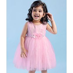 Babyhug Sleeveless Embroidered Party Frock With Floral Corsage- Pink