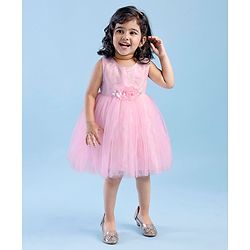 Babyhug Sleeveless Embroidered Party Frock With Floral Corsage- Pink