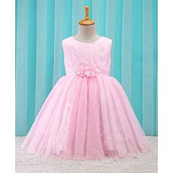 Babyhug Sleeveless Embroidered Party Frock With Floral Corsage- Pink