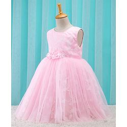 Babyhug Sleeveless Embroidered Party Frock With Floral Corsage- Pink