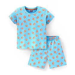 Babyhug Cotton Knit Half Sleeves Night Suit Rugby Football Print - Blue