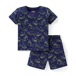 Babyhug Cotton Knit Half Sleeves Night Suit Shark Print - Navy Blue
