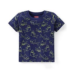 Babyhug Cotton Knit Half Sleeves Night Suit Shark Print - Navy Blue