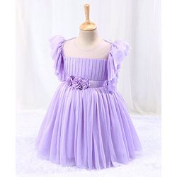 Babyhug Flutter Sleeves Shimmer Party Frock with Floral Corsage - Lavender