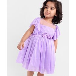 Babyhug Flutter Sleeves Shimmer Party Frock with Floral Corsage - Lavender