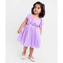 Babyhug Flutter Sleeves Shimmer Party Frock with Floral Corsage - Lavender