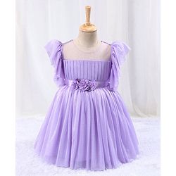 Babyhug Flutter Sleeves Shimmer Party Frock with Floral Corsage - Lavender