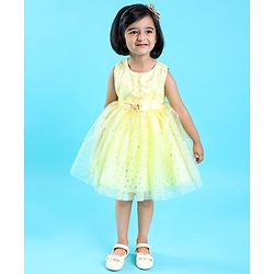 Babyhug Sleeveless Party Frock with Bow Applique Foil Heart Print - Light Yellow