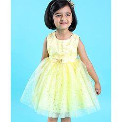 Babyhug Sleeveless Party Frock with Bow Applique Foil Heart Print - Light Yellow