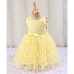 Babyhug Sleeveless Party Frock with Bow Applique Foil Heart Print - Light Yellow