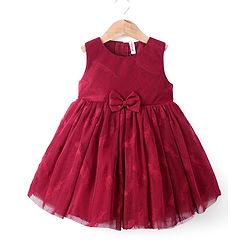 Babyhug Woven Sleeveless Party Frock with Bow Applique & Glitter Embellished - Cherry Red