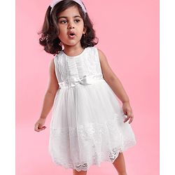 Babyhug Woven Sleeveless Party Frock with Floral Lace Detailing - White