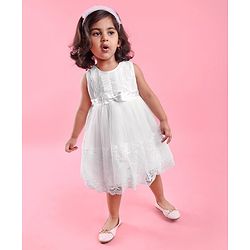 Babyhug Woven Sleeveless Party Frock with Floral Lace Detailing - White