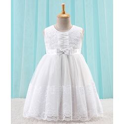 Babyhug Woven Sleeveless Party Frock with Floral Lace Detailing - White