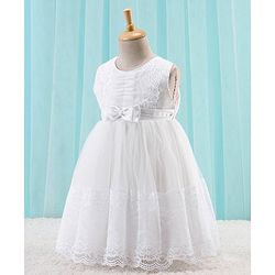 Babyhug Woven Sleeveless Party Frock with Floral Lace Detailing - White
