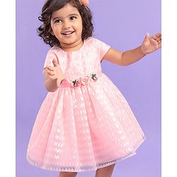 Babyhug Sleeveless Textured Party Frock with Floral Corsage - Peach