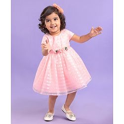 Babyhug Sleeveless Textured Party Frock with Floral Corsage - Peach