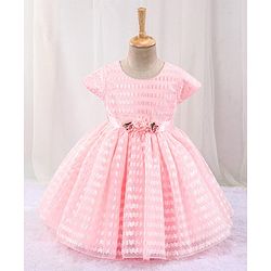 Babyhug Sleeveless Textured Party Frock with Floral Corsage - Peach
