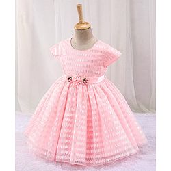 Babyhug Sleeveless Textured Party Frock with Floral Corsage - Peach