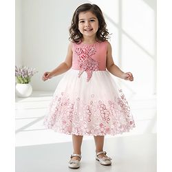 Babyhug Sleeveless Party Frock with Floral Embroidery & Corsage - Dusty Pink & White