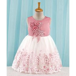 Babyhug Sleeveless Party Frock with Floral Embroidery & Corsage - Dusty Pink & White