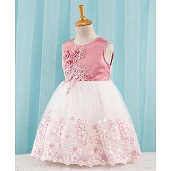 Babyhug Sleeveless Party Frock with Floral Embroidery & Corsage - Dusty Pink & White