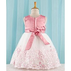 Babyhug Sleeveless Party Frock with Floral Embroidery & Corsage - Dusty Pink & White
