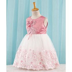 Babyhug Sleeveless Party Frock with Floral Embroidery & Corsage - Dusty Pink & White