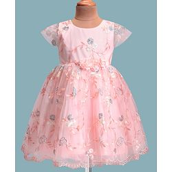 Babyhug Woven Cap Sleeves Party Frock with Floral Applique  - Peach