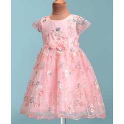 Babyhug Woven Cap Sleeves Party Frock with Floral Applique  - Peach