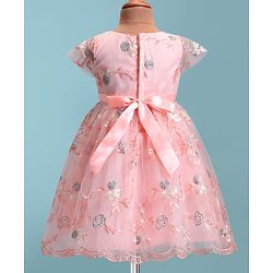 Babyhug Woven Cap Sleeves Party Frock with Floral Applique  - Peach