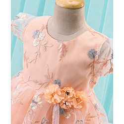 Babyhug Woven Cap Sleeves Party Frock with Floral Applique  - Peach