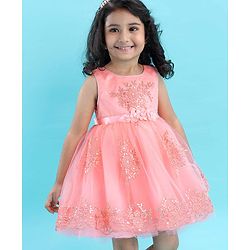 Babyhug Sleeveless Embroidered Party Frock -  Peach