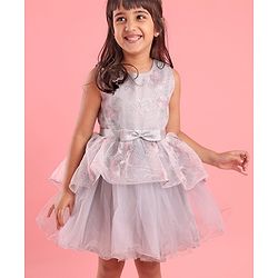 Babyhug Woven Sleeveless Party Frock with Ribbon Detailing & Floral Embroidery - Grey