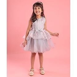 Babyhug Woven Sleeveless Party Frock with Ribbon Detailing & Floral Embroidery - Grey