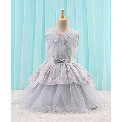 Babyhug Woven Sleeveless Party Frock with Ribbon Detailing & Floral Embroidery - Grey