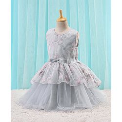 Babyhug Woven Sleeveless Party Frock with Ribbon Detailing & Floral Embroidery - Grey