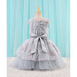 Babyhug Woven Sleeveless Party Frock with Ribbon Detailing & Floral Embroidery - Grey
